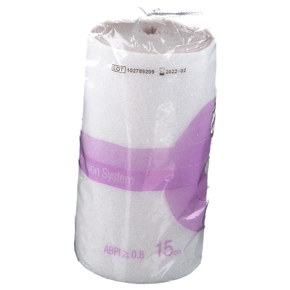 Bandage blanche emballée. Inscription : 3M Coban 2, système 2 couches, 15 cm.