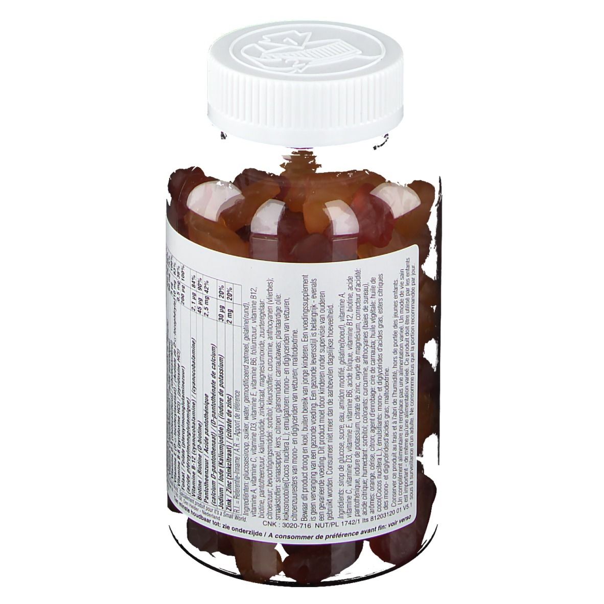 Disney Gummies Multivitamines Princesses. Flacon de bonbons gélifiés. Dos avec informations nutritionnelles. Couvercle blanc.