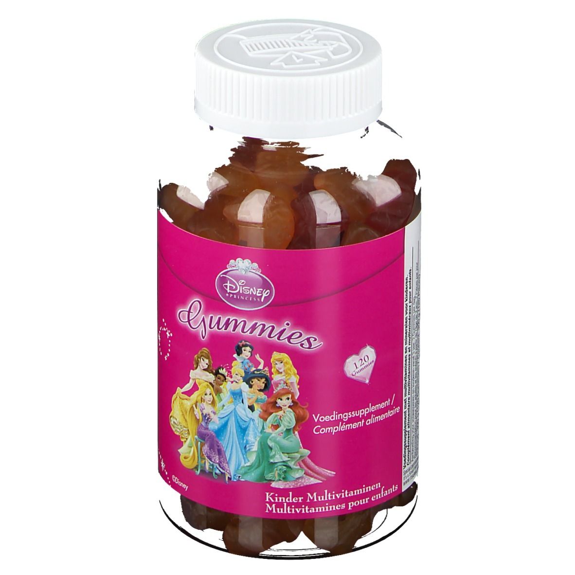 Disney Gummies Multivitamines Princesses. Flacon de bonbons gélifiés. Étiquette rose avec princesses. Couvercle blanc.