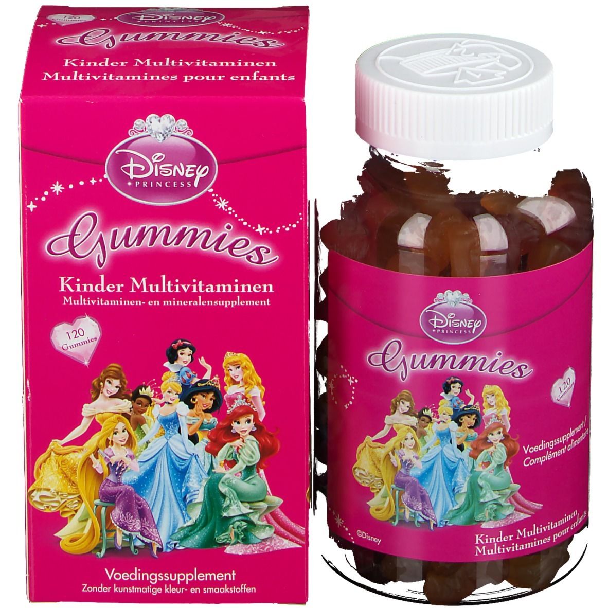 Disney Gummies Multivitamines Princesses. Boîte rose et flacon de bonbons gélifiés. Impression de princesses.