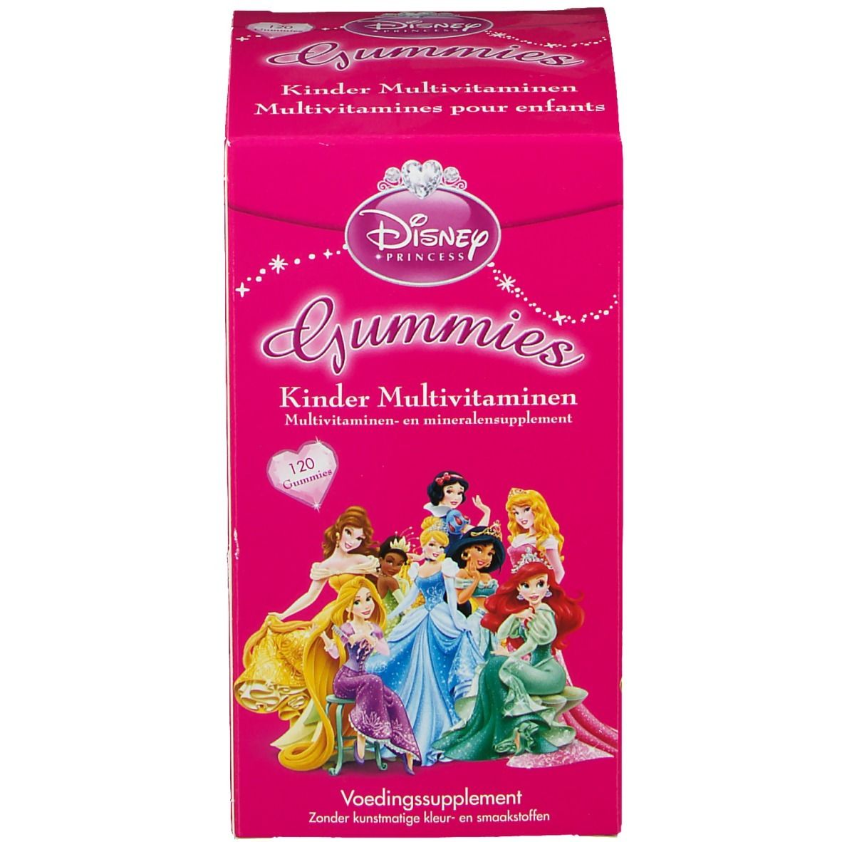 Disney Gummies Multivitamines Princesses. Boîte rose avec princesses. Impression d'informations sur le produit.