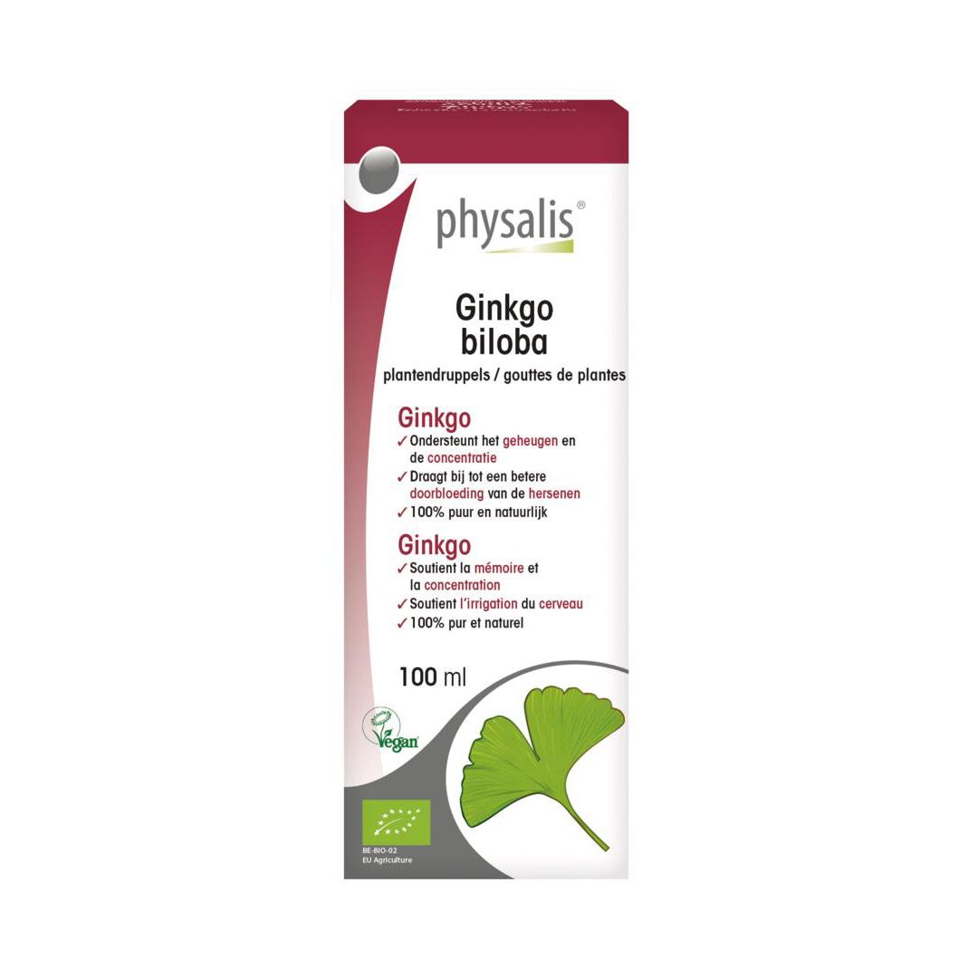 Emballage du produit. Boîte avec nom du produit, feuille de Ginkgo et texte. 100 ml. Label vegan.