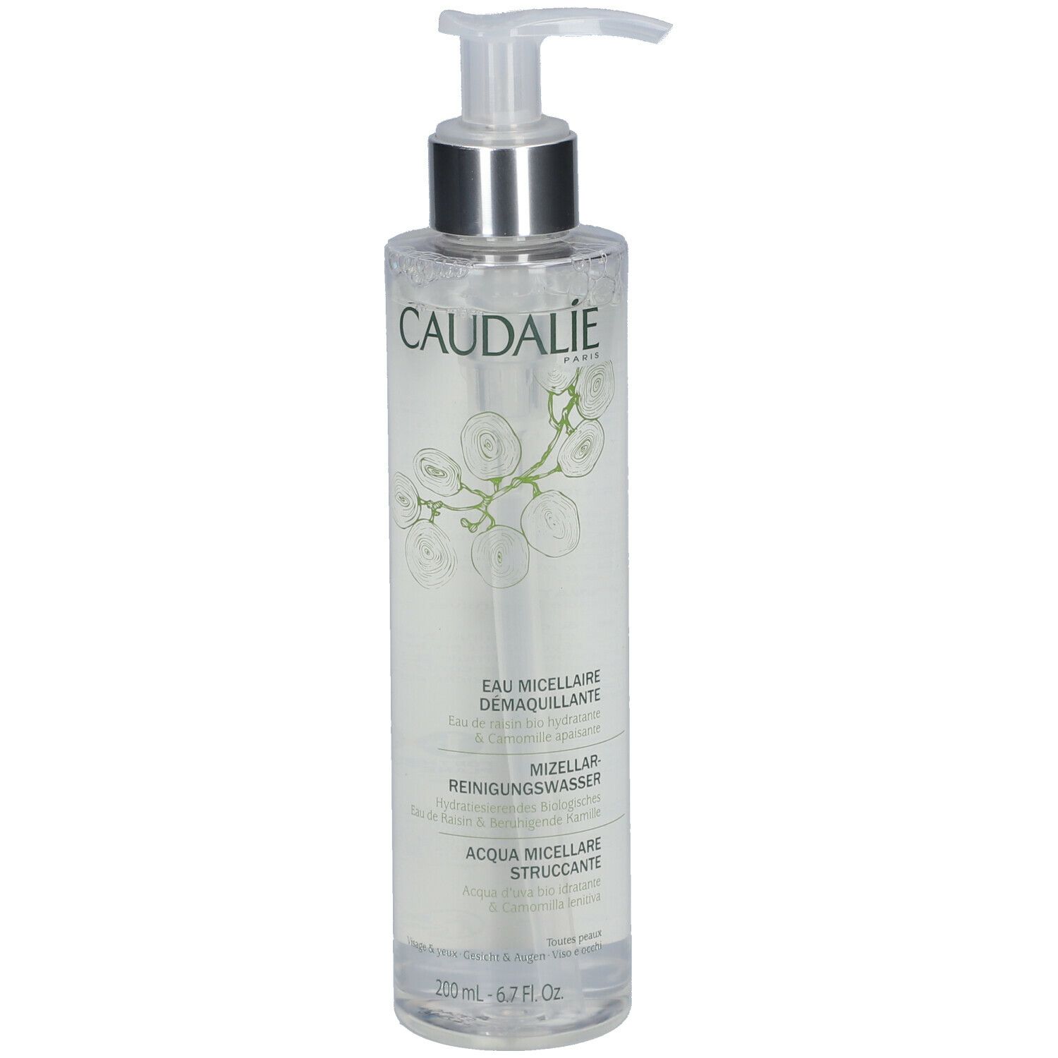 Flacon transparent avec pompe. Inscription CAUDALIE, Eau Micellaire Demaquillante, Mizellen-Reinigungswasser, Acqua Micellare Struccante. Design floral.