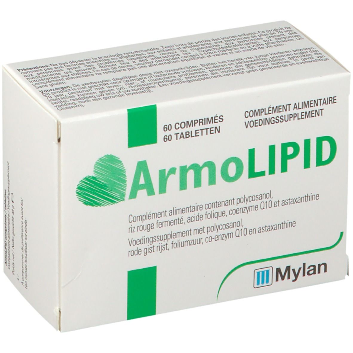 Boîte blanche avec cœur vert et inscription ArmoLIPID. 60 comprimés. Logo Mylan.