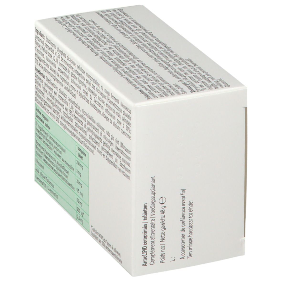 Boîte vue de biais. Texte avec ingrédients et informations nutritionnelles. Poids net 48 g.