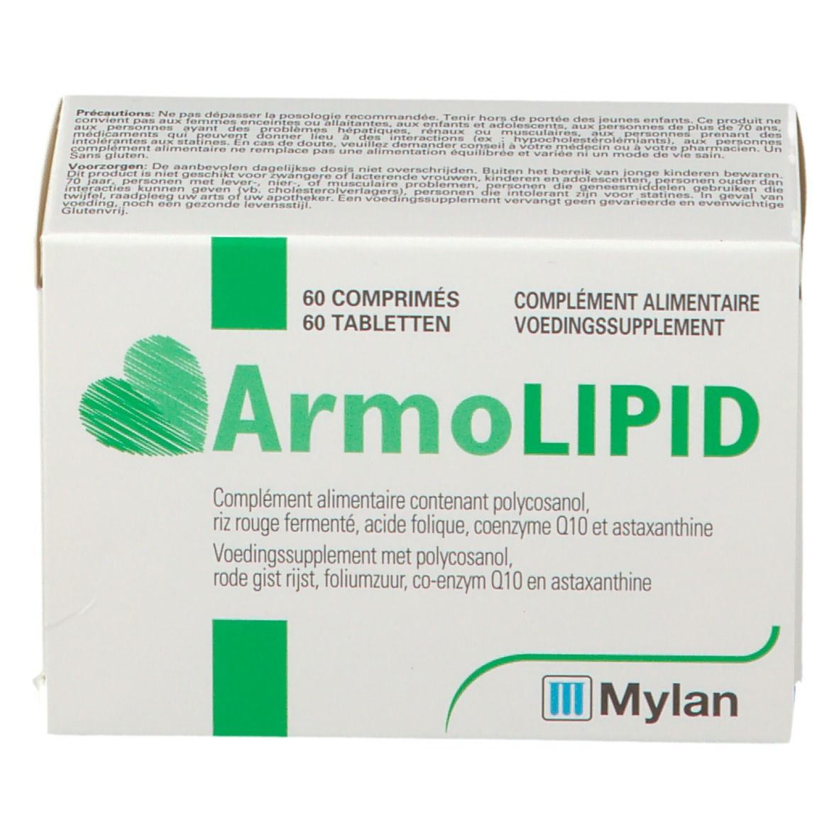 Boîte blanche avec cœur vert et inscription ArmoLIPID. 60 comprimés. Logo Mylan.