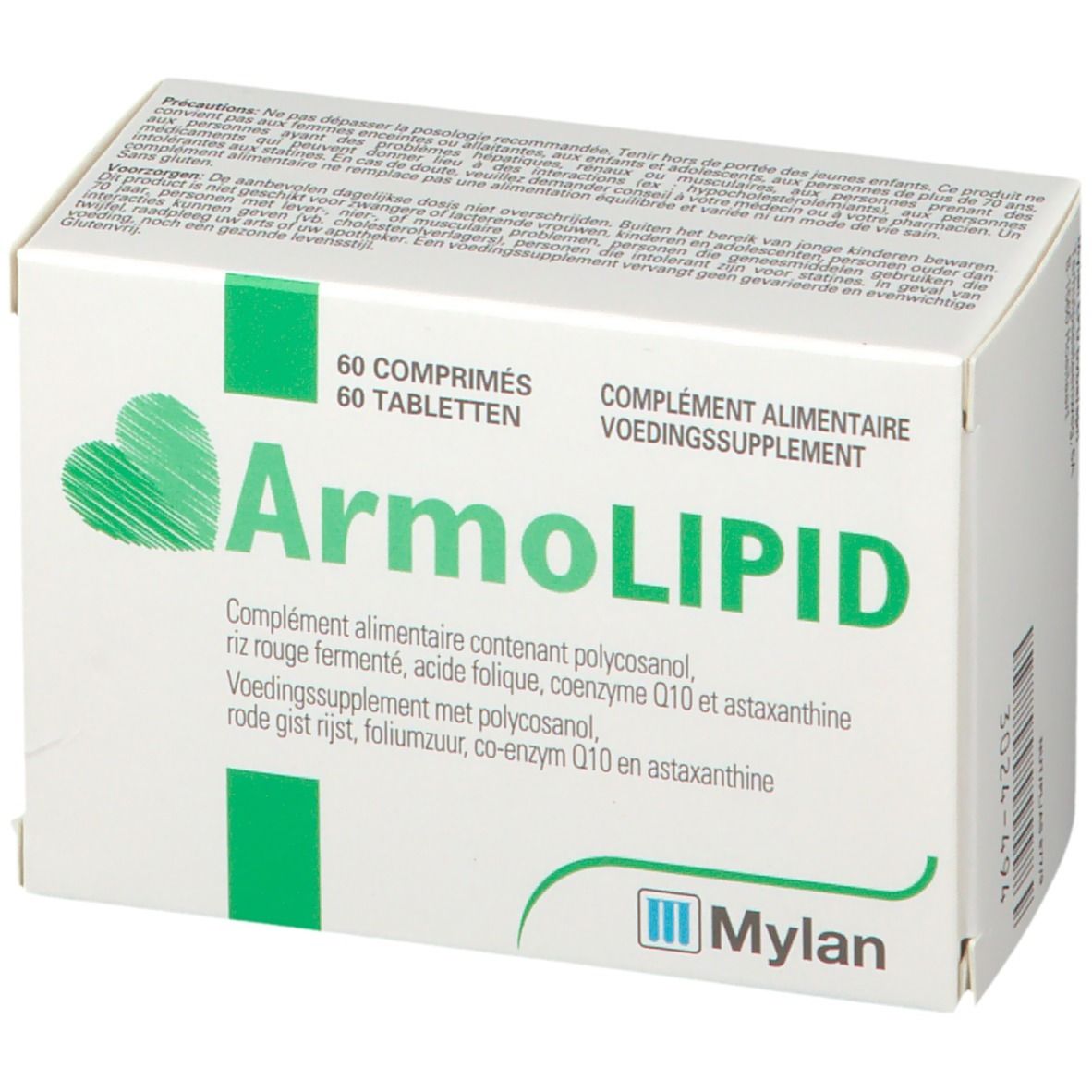 Boîte blanche avec cœur vert et inscription ArmoLIPID. 60 comprimés. Logo Mylan.