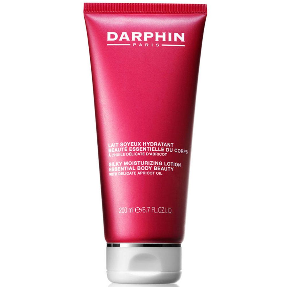Tube rouge avec bouchon blanc. "DARPHIN PARIS" en haut, "Silky Moisturizing Lotion" en dessous.