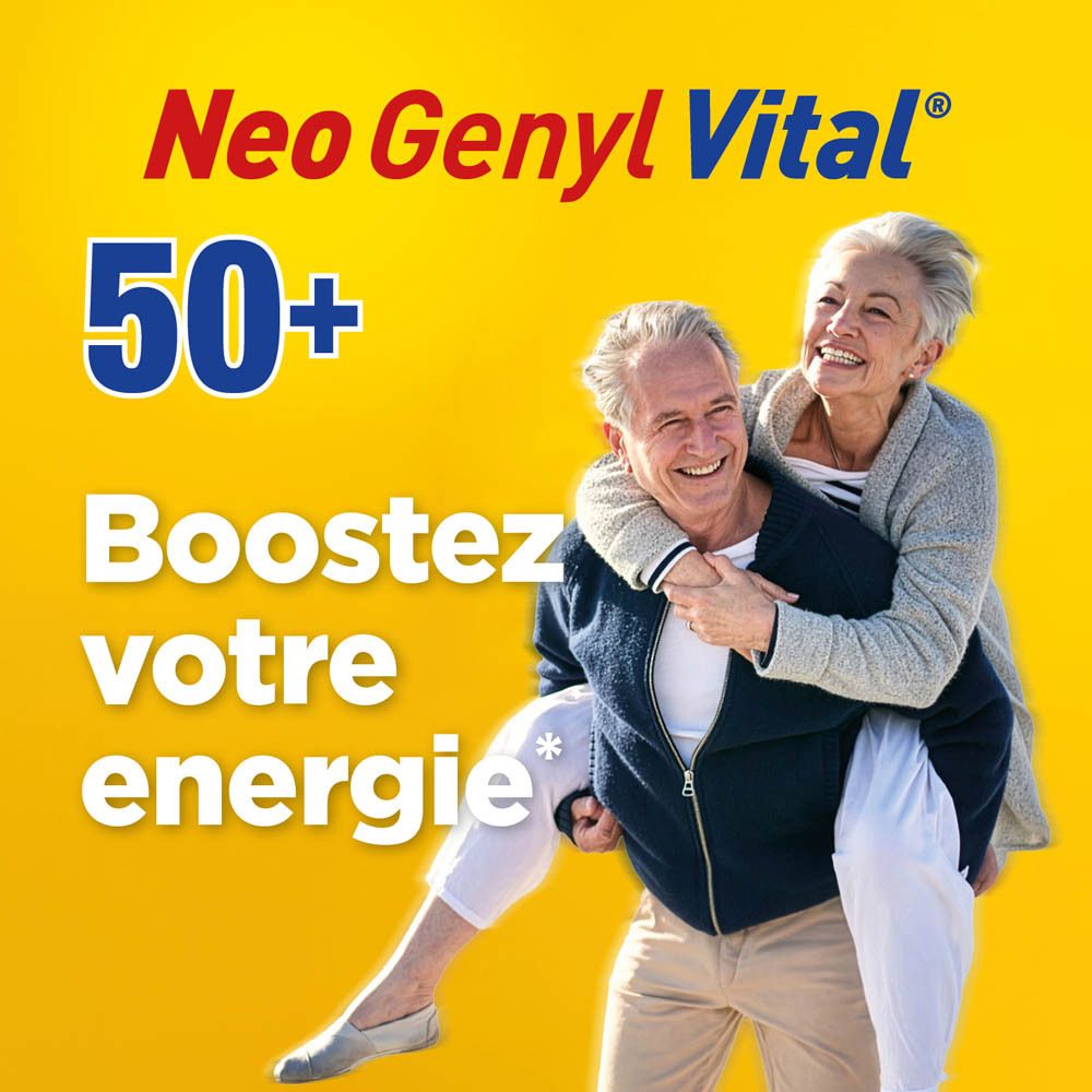 Neo Genyl Vital. Fond jaune. Deux personnes. Texte: Boostez votre énergie. 50+.