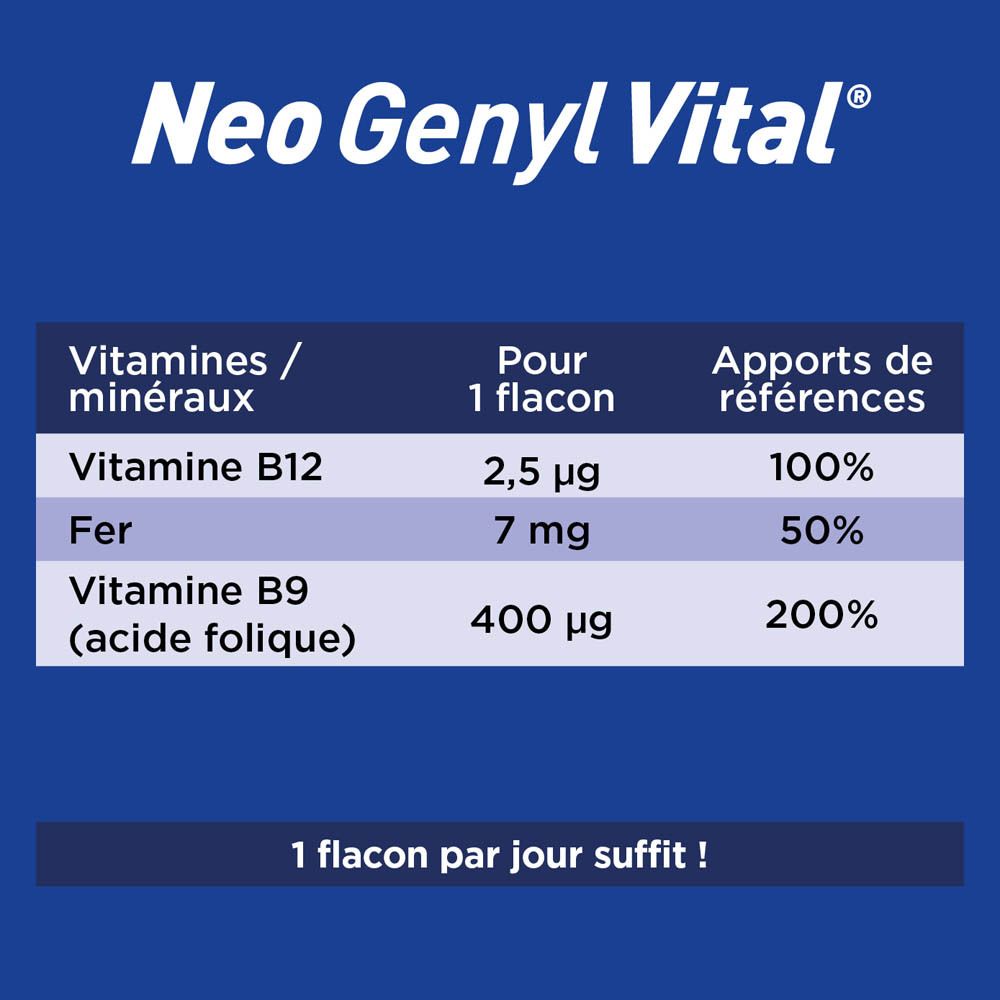 Neo Genyl Vital. Fond bleu. Tableau: Vitamines/minéraux, par flacon, apports de références.