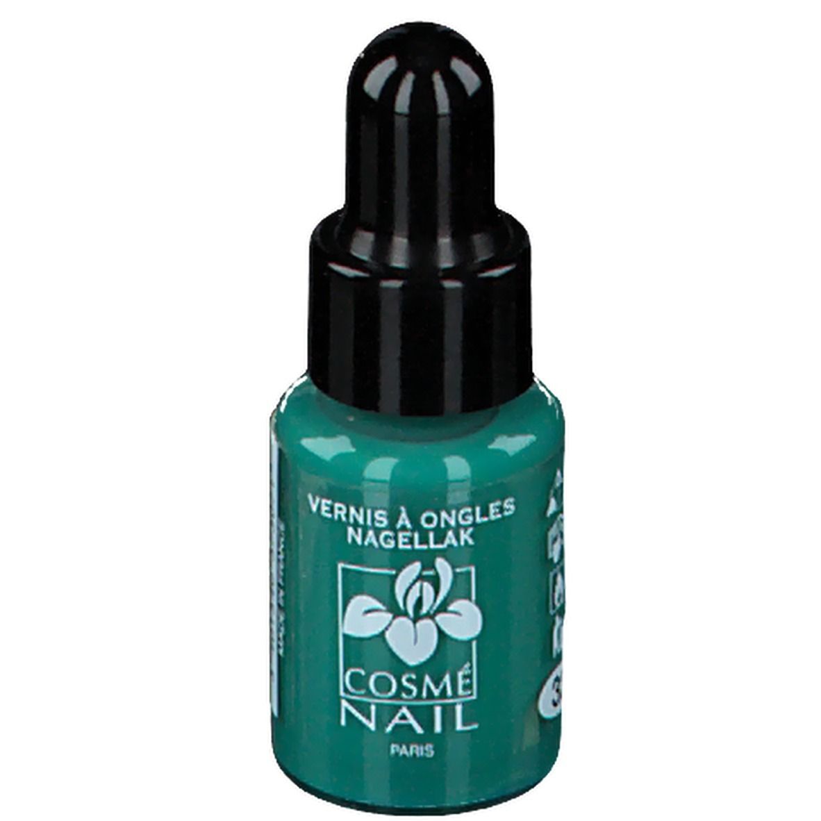 Flacon de vernis à ongles vert avec bouchon noir. Inscription: Cosménail, Paris. Couleur: Vert Jade.