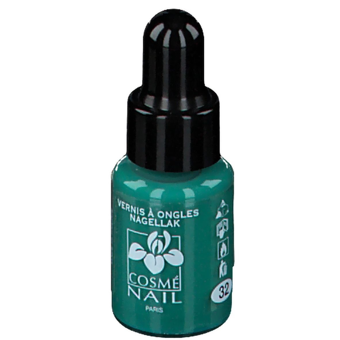 Flacon de vernis à ongles vert avec bouchon noir. Inscription: Vernis à ongles, Nagellack. Couleur: Jade Green. Numéro 32.
