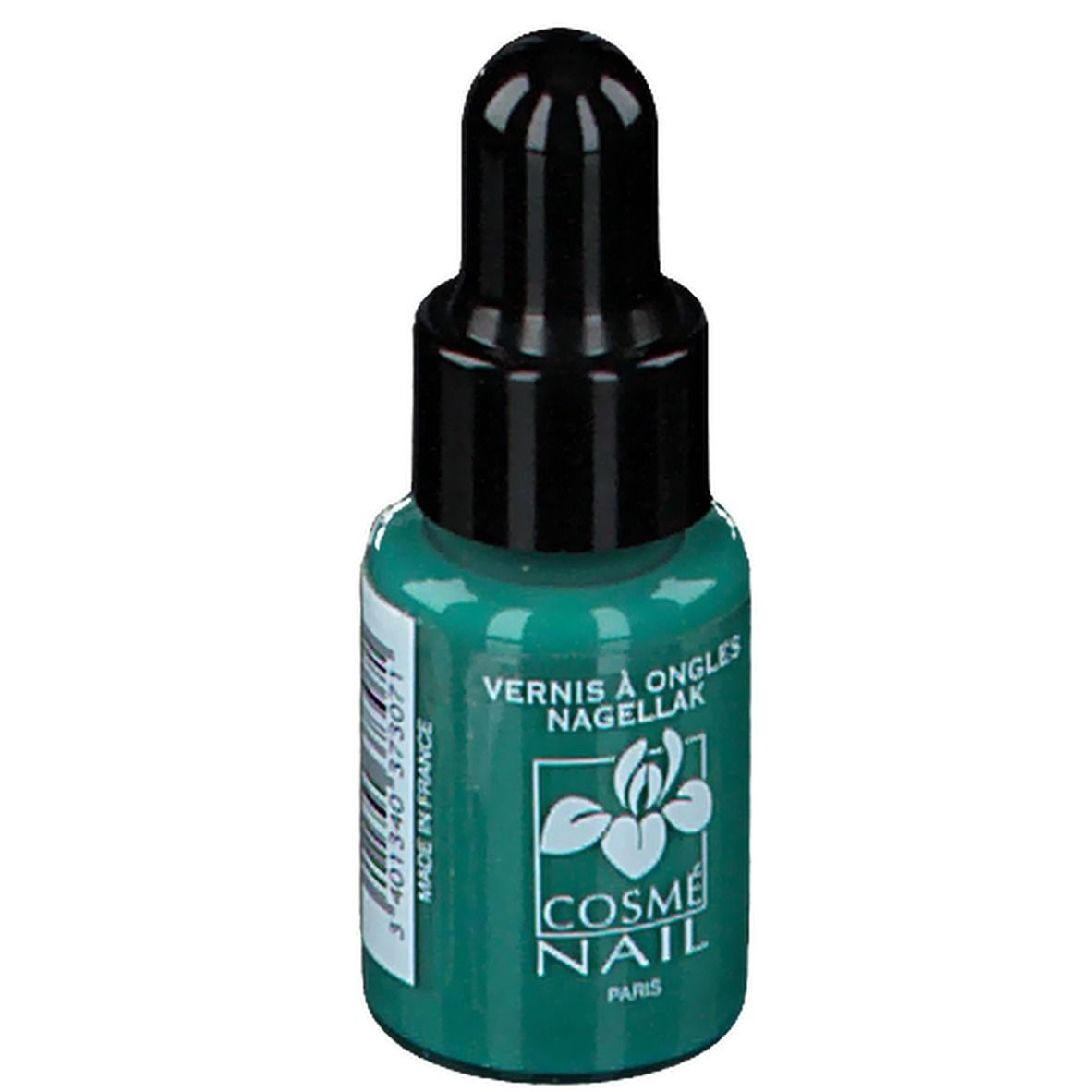 Flacon de vernis à ongles vert avec bouchon noir. Inscription: Vernis à ongles, Nagellack. Marque: Cosménail, Paris. Fabriqué en France.