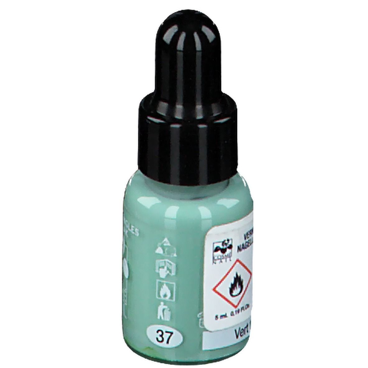 Vernis à ongles vert en flacon compte-gouttes. Bouchon noir. Inscription : 37, 8 ml, Vert.