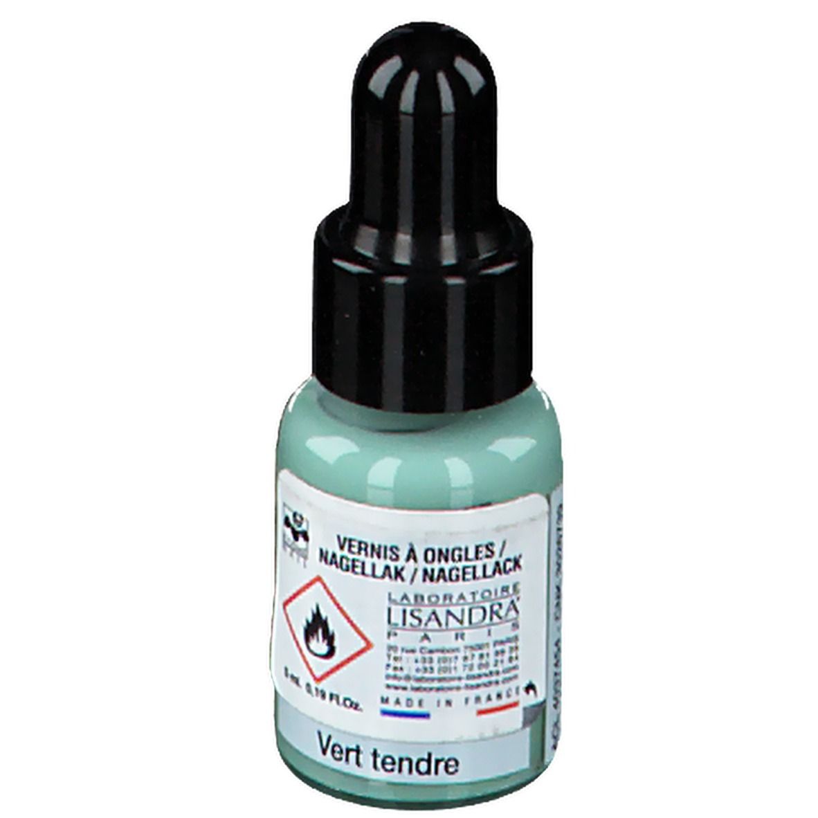 Vernis à ongles vert en flacon compte-gouttes. Bouchon noir. Inscription : Vert tendre, 5 ml.