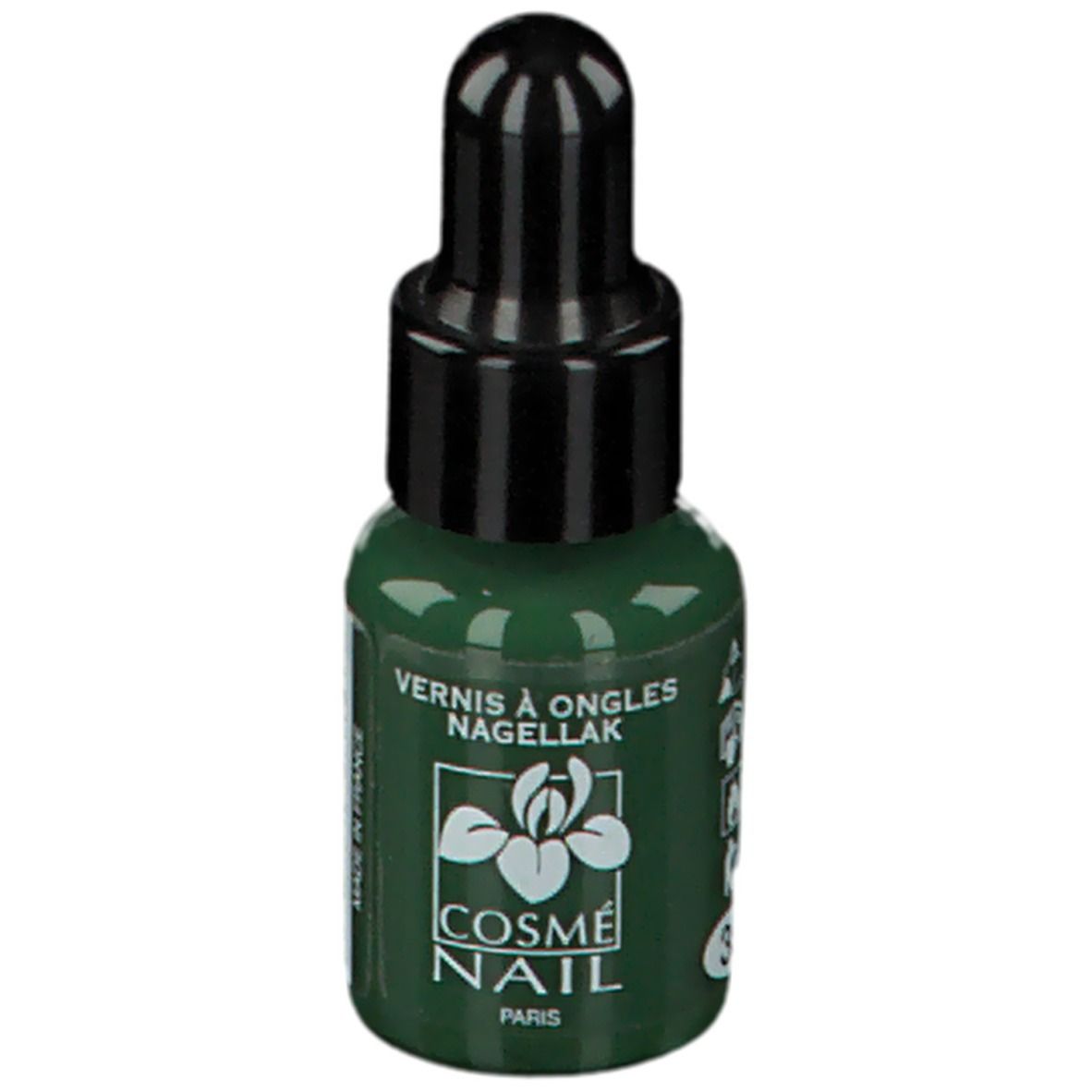 Flacon de vernis à ongles vert avec bouchon noir. Inscription: Cosménail Paris. Couleur: Vert émeraude clair.