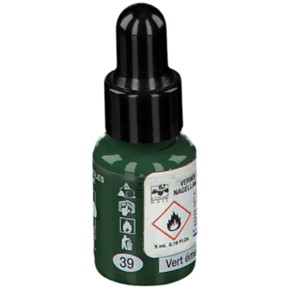 Flacon de vernis à ongles vert avec bouchon noir. Inscription: 39, Vert émeraude. Avertissement: Inflammable.