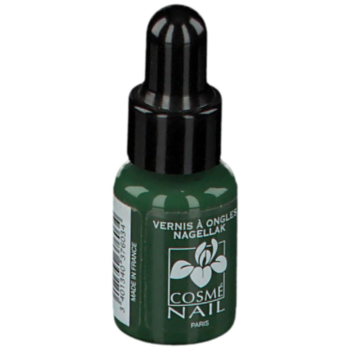 Flacon de vernis à ongles vert avec bouchon noir. Inscription: Cosménail Paris. Fabriqué en France. Code-barres.