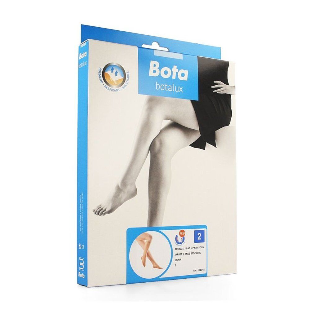Emballage avec produit Botalux. Marque et nom du produit visibles. Image de jambes portant des bas.