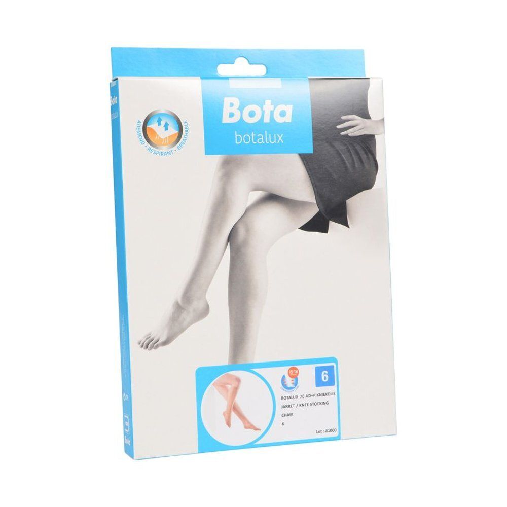 Emballage de bas genou Botalux 70. Inscription : Bota, botlux, taille 6. Illustration : jambe avec bas.