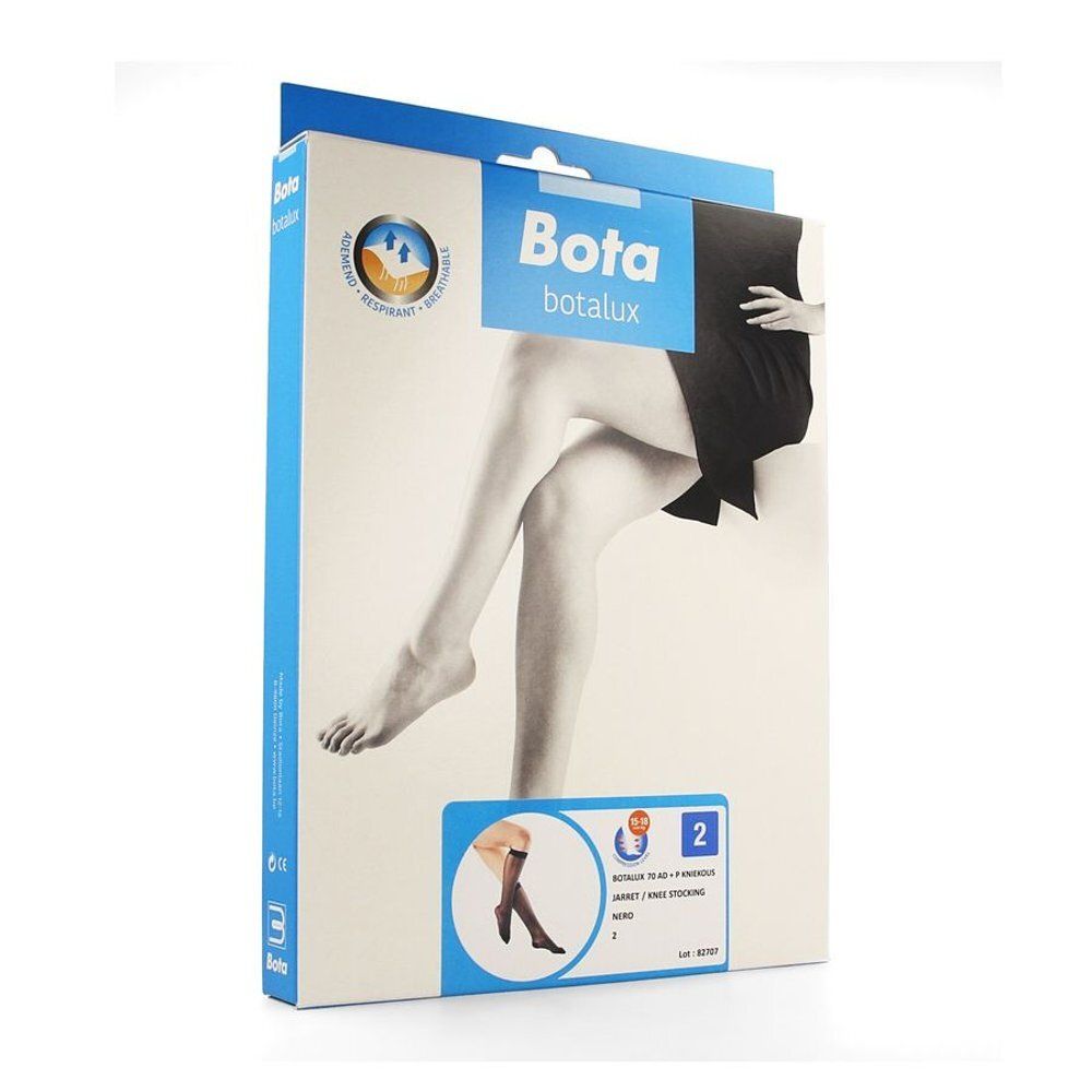 Emballage de bas genou Botalux. Inscription : Bota Botalux. Désignation du produit et taille. Vue en angle.