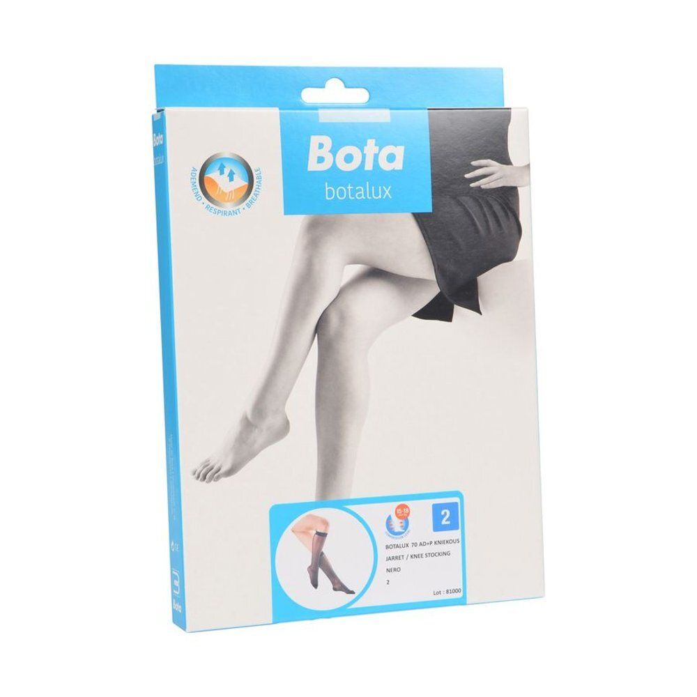 Emballage de bas genou Botalux. Inscription : Bota Botalux. Désignation du produit et taille. Vue en angle.