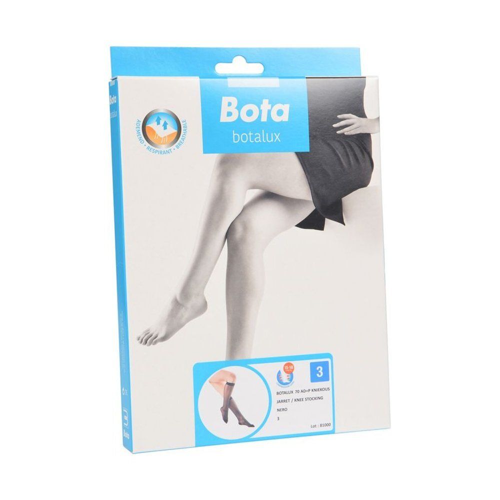 Vue de face de la boîte Botalux 70 Short Sock AD Nero N3. Boîte bleue et blanche avec image du produit.