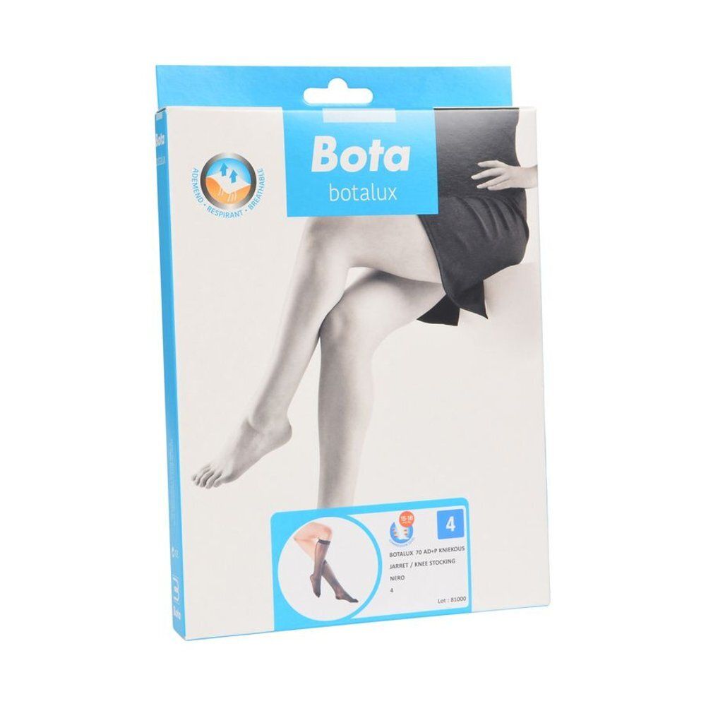 Emballage de Botalux 70 Short Sock AD Nero N4. Inscription de la marque, illustration du produit, indication de taille. Jambes portant des bas.