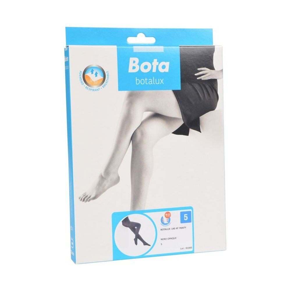 Boîte de collants Bota Botalux. Impression: logo, image du produit, taille 5, couleur noire. Vue en biais.