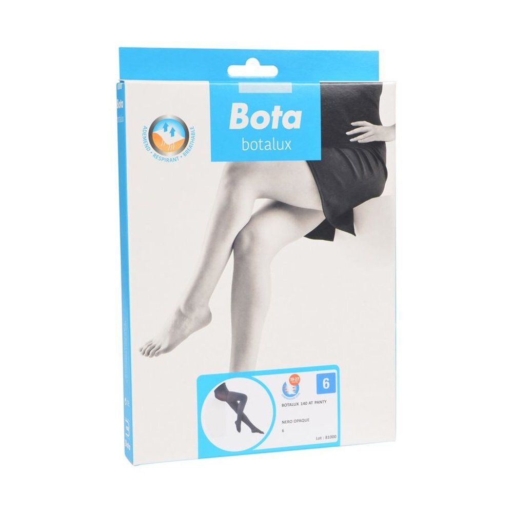 Boîte de collants Bota Botalux 140 AT Panty, taille 6, noir. Logo et informations produit. Détails sur l'emballage.