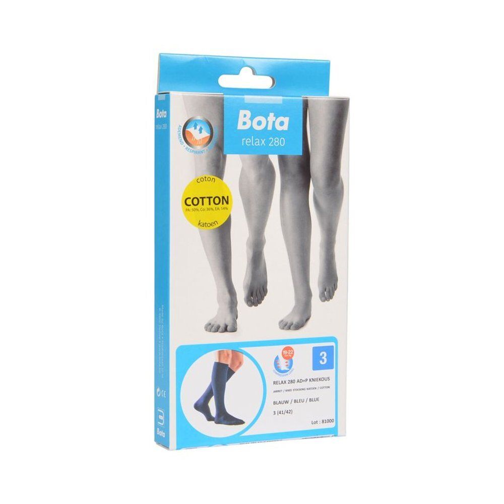 Emballage Bota relax 280 AD + P. Bas genou, bleu, taille 3. Coton. Illustration de jambes.