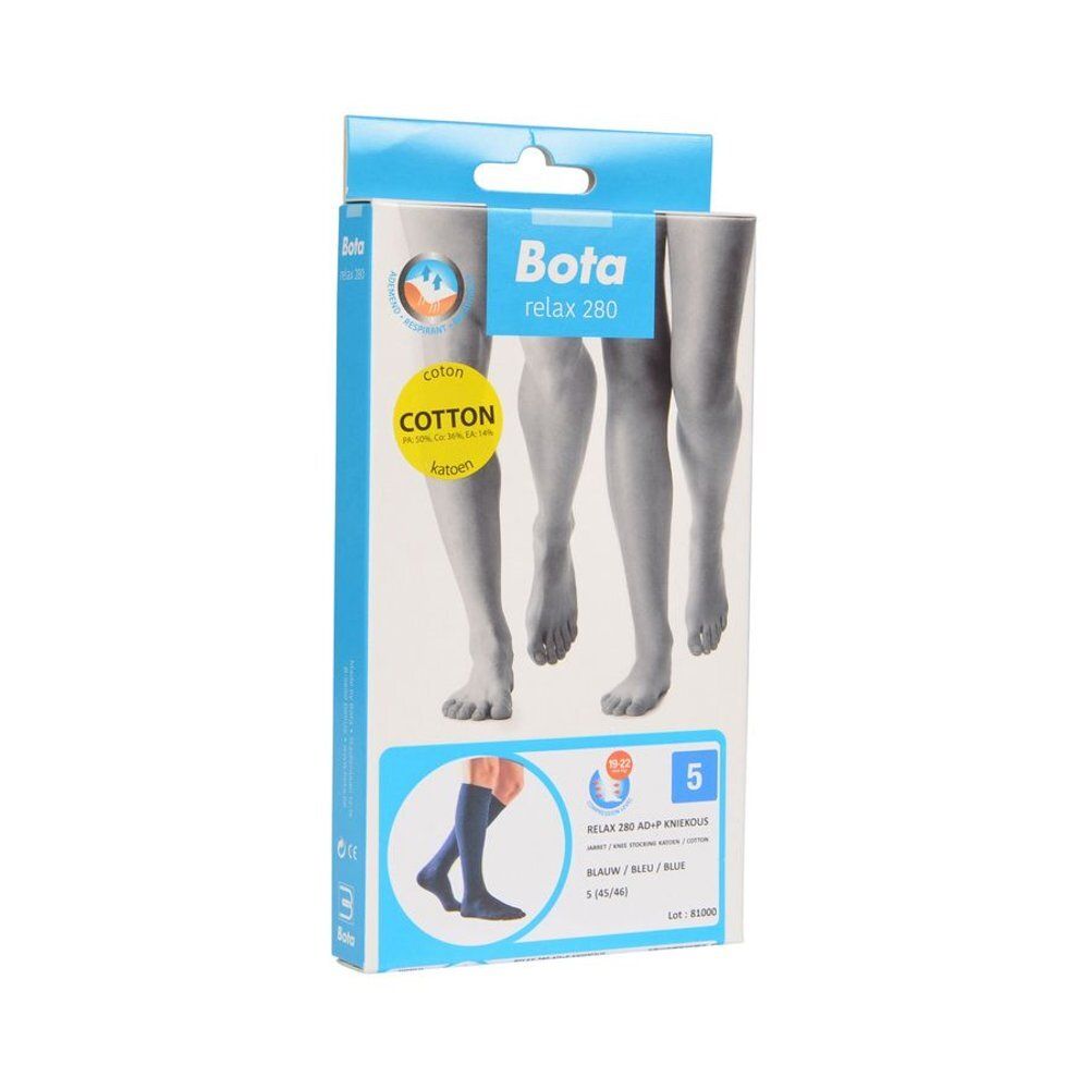 Boîte Bota Relax 280 Mi-Bas Coton AD+P, bleu. Logo coton. Taille 5. Illustration de jambes.
