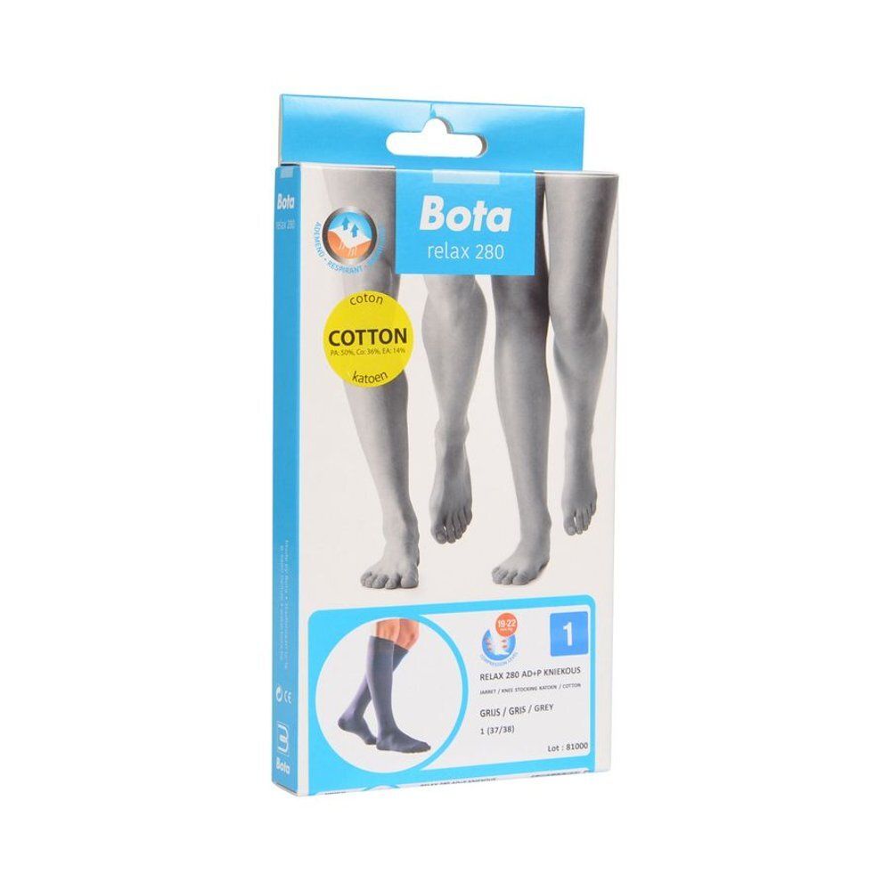 Emballage Bota Relax 280 Mi-Bas Coton AD+P, gris. Illustrations de jambes et informations produit.