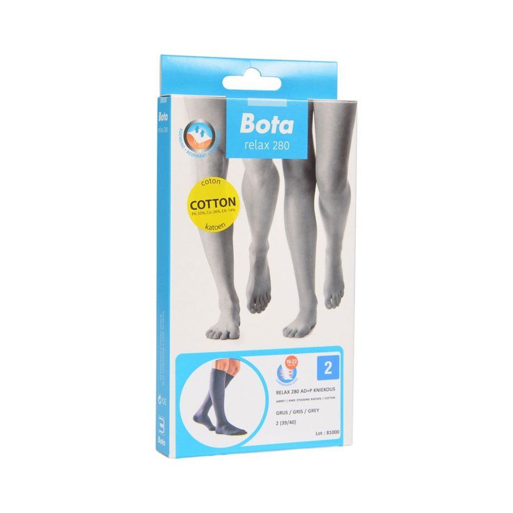 Emballage Bota Relax 280. Inscription : Bota, Relax 280, coton. Image : paire de jambes, bas. Taille 2.