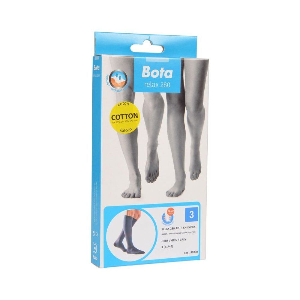 Boîte de bas genou Bota Relax 280, taille 3. Coton. Visuel de jambes portant des bas gris. Informations en plusieurs langues.