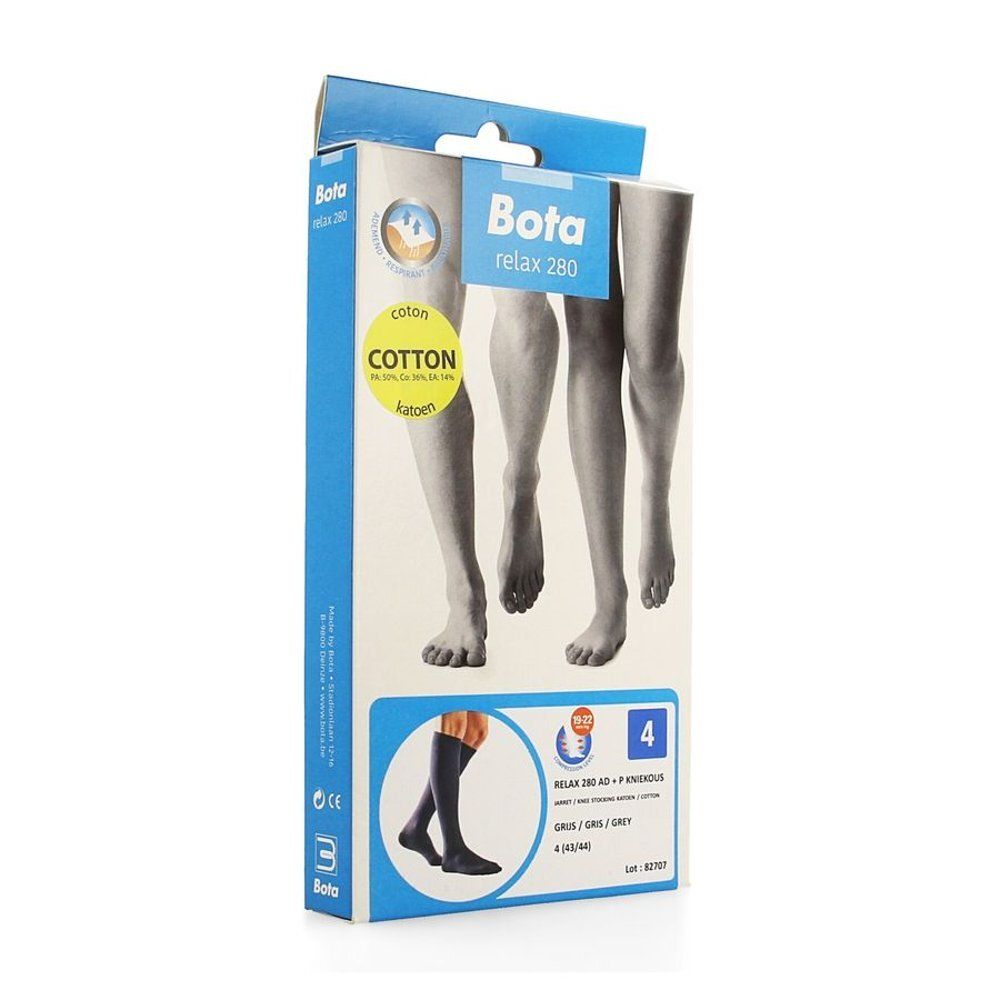 Boîte Bota Relax 280 Mi-Bas Coton AD +P, gris, taille 4. Logo coton. Illustrations de jambes.