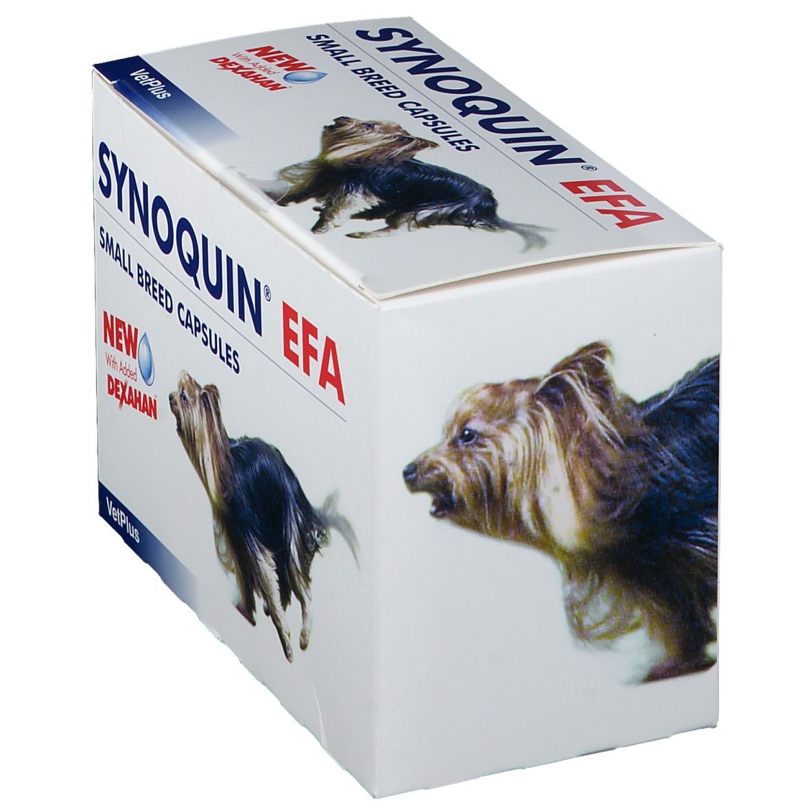 Emballage du produit avec texte. Inscription: Synoquin EFA, Small Breed Capsules. Image de chien. Avec Dexahan.