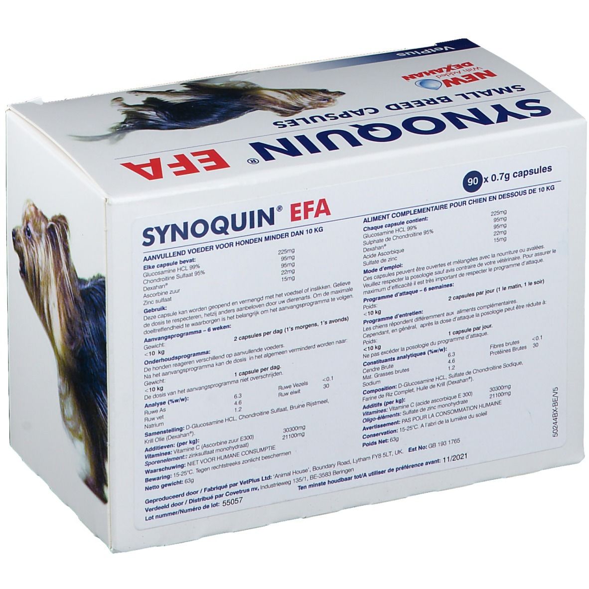 Emballage du produit avec texte et informations. Inscription: Synoquin EFA, Small Breed Capsules. Image de chien. Avec Dexahan.