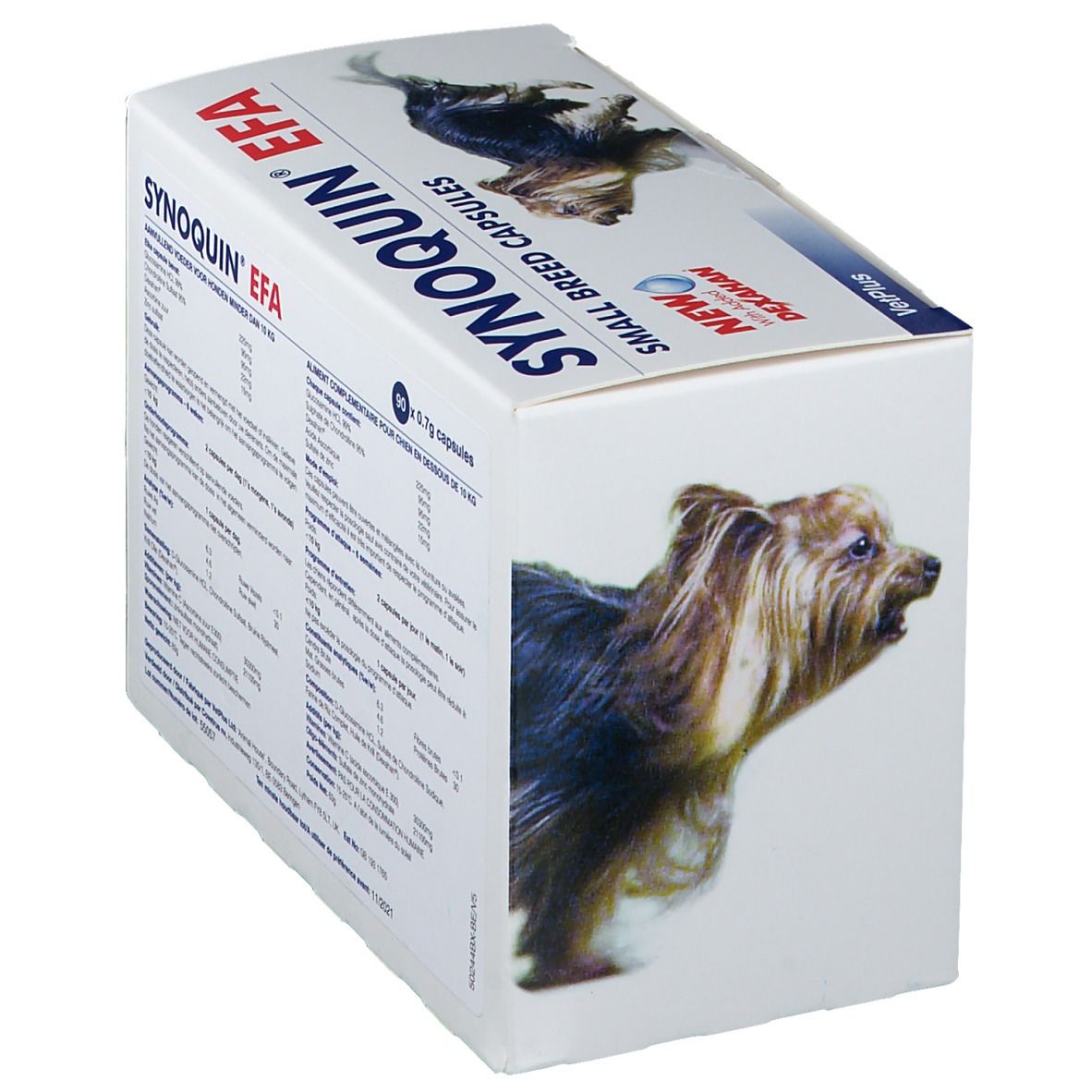 Emballage du produit avec texte. Inscription: Synoquin EFA, Small Breed Capsules. Image de chien. Avec Dexahan.