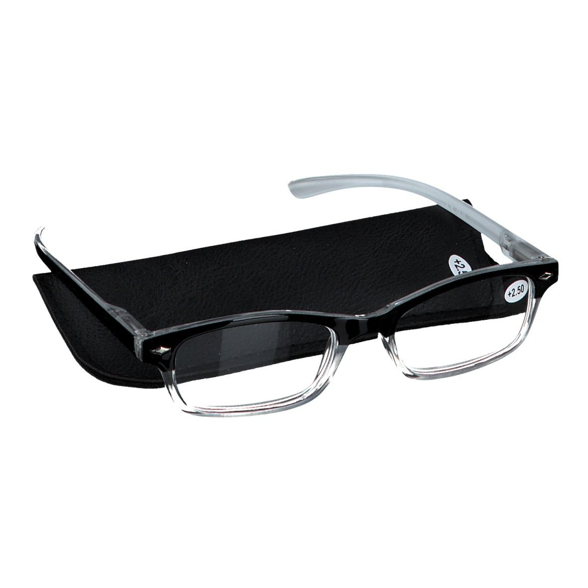 Lunettes de lecture grises +2,5 avec étui noir. Monture noire, branches grises.
