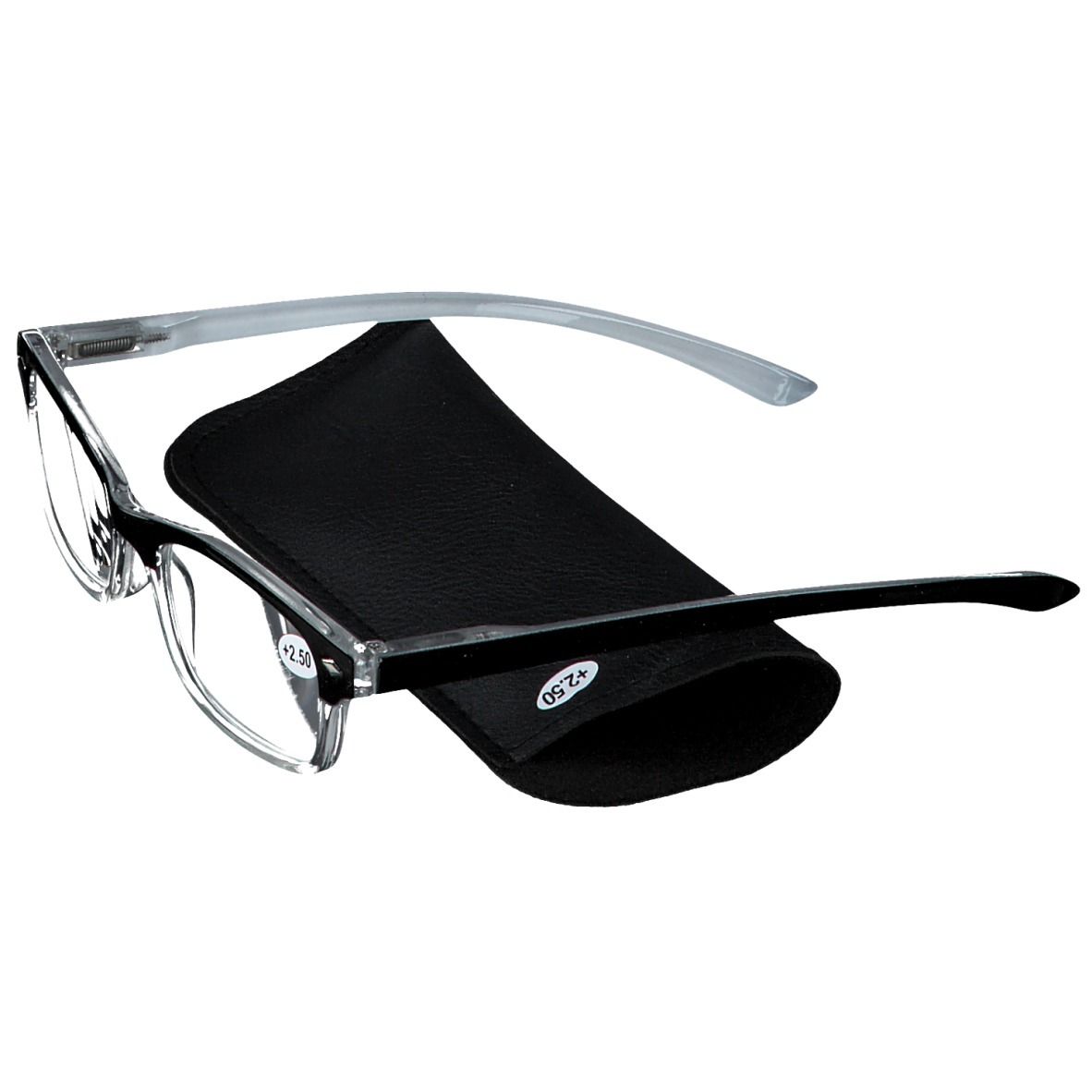 Lunettes de lecture grises +2,5 avec étui noir. Monture noire, branches grises.