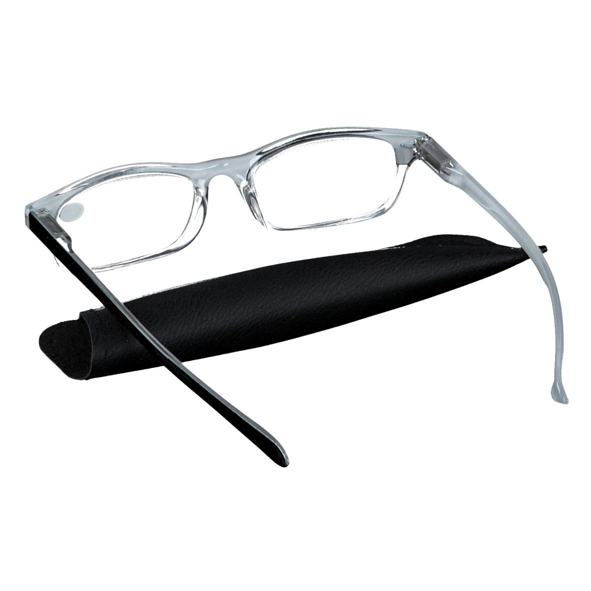 Lunettes de lecture grises +2,5 avec étui noir. Monture noire, branches grises.