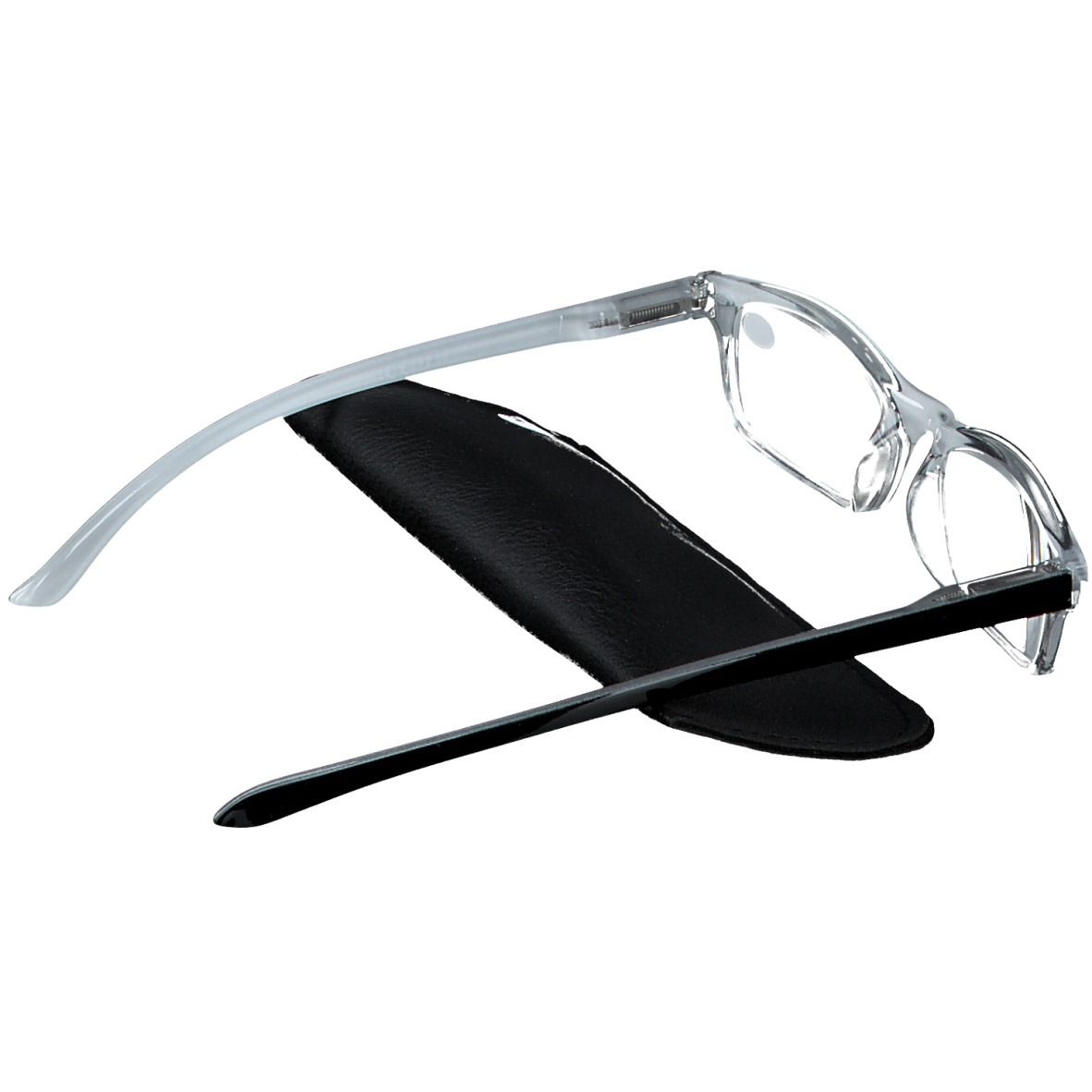 Lunettes de lecture grises +2,5 avec étui noir. Monture noire, branches grises.