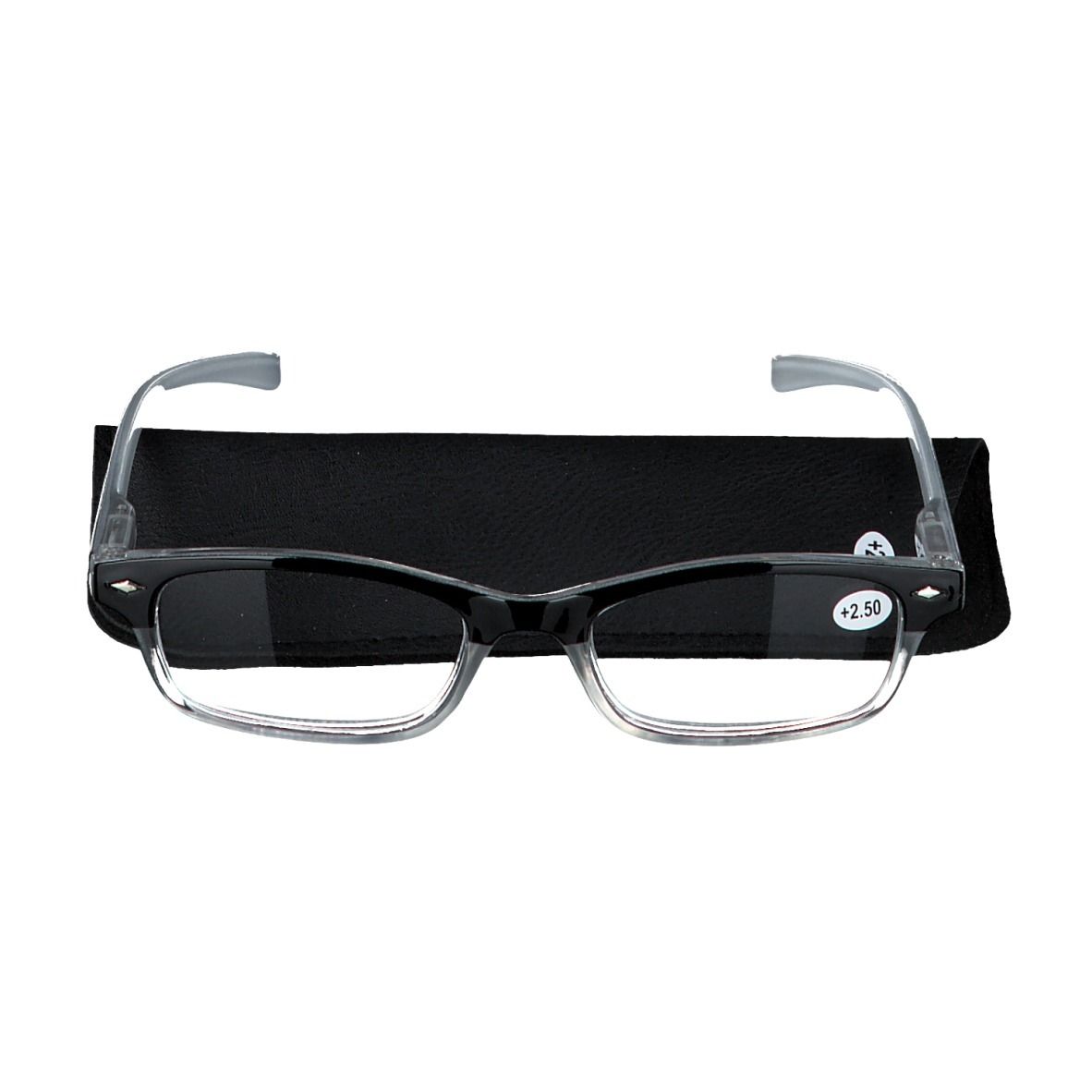 Lunettes de lecture grises +2,5 avec étui noir. Monture noire, branches grises.