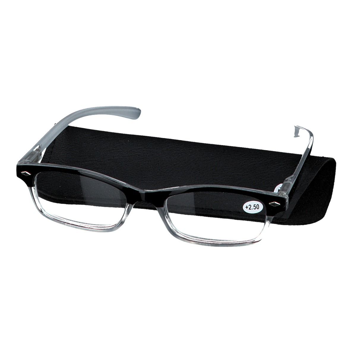 Lunettes de lecture grises +2,5 avec étui noir. Monture noire, branches grises.