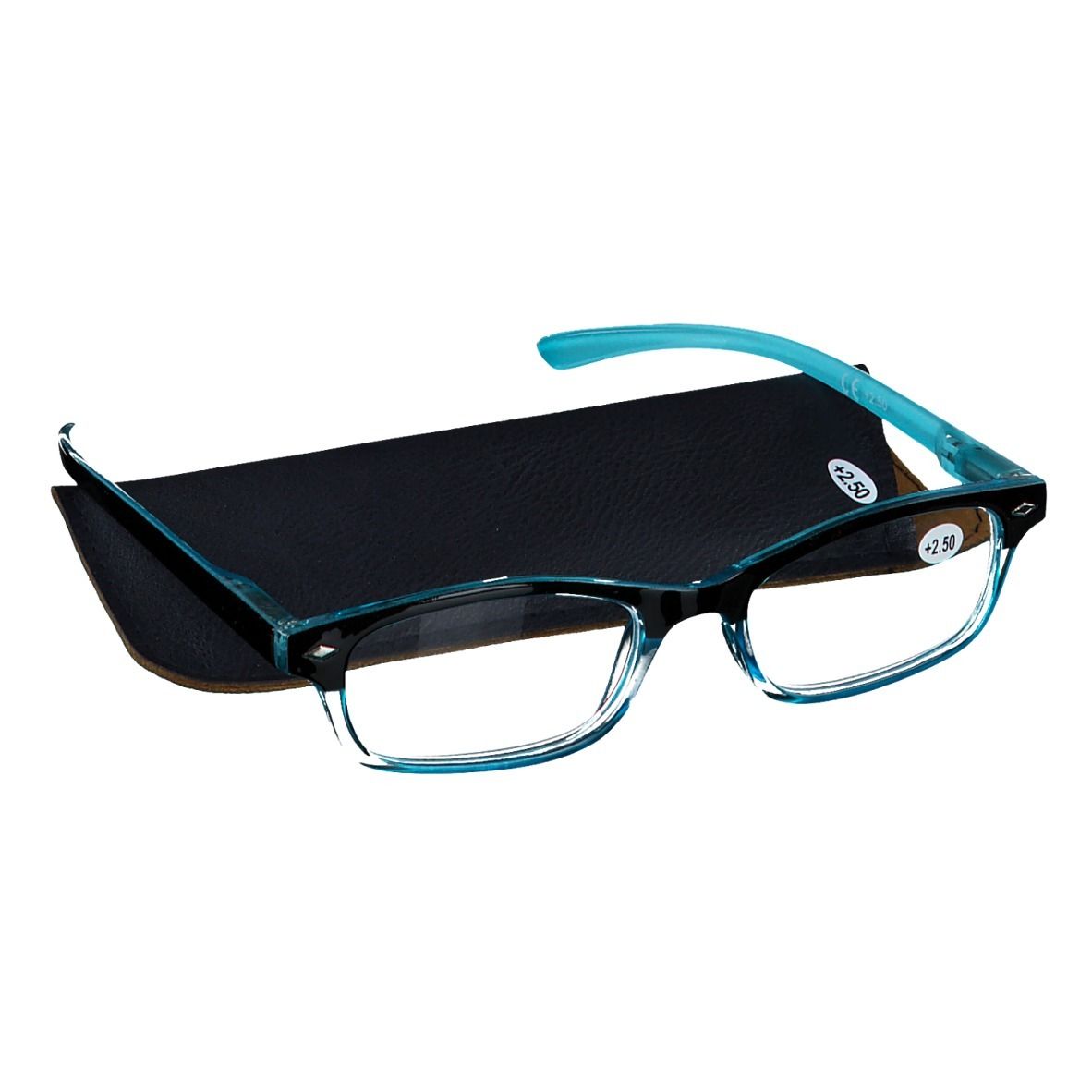 Lunettes bleues avec étui noir. La lentille indique +2.50. Monture noire et bleue.