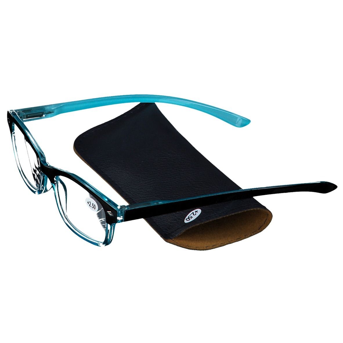 Lunettes bleues avec étui noir. La lentille indique +2.50. Monture noire et bleue.