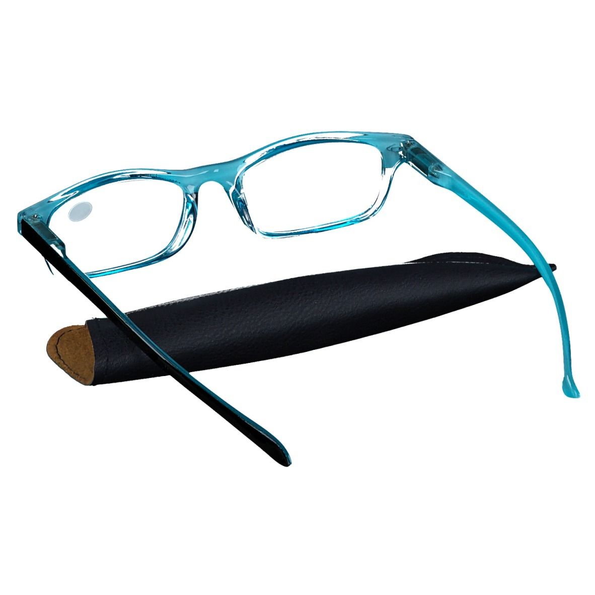 Lunettes bleues avec étui noir. La lentille indique +2.50. Monture noire et bleue.