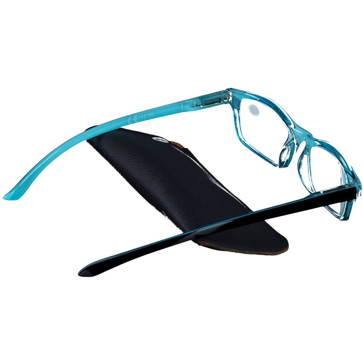 Lunettes bleues avec étui noir. La lentille indique +2.50. Monture noire et bleue.