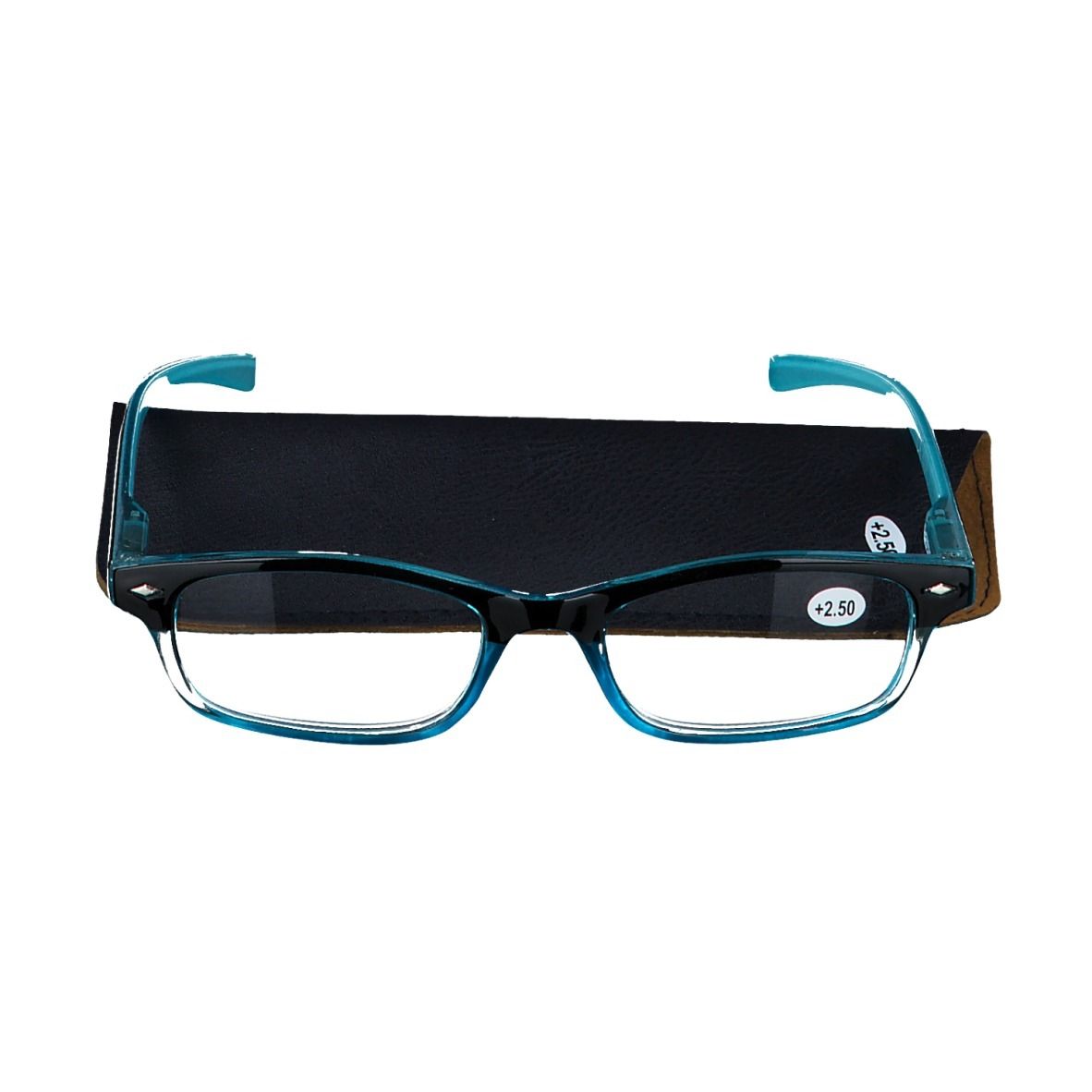 Lunettes bleues avec étui noir. La lentille indique +2.50. Monture noire et bleue.